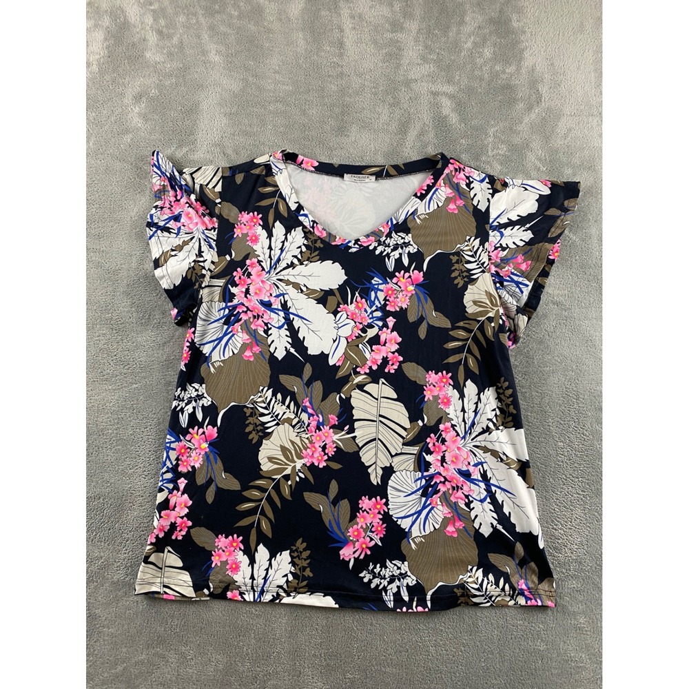 Ekouaer Womens Navy Pink Tropical Floral Flutter Sleeve V-Neck Knit Top Size M‎
